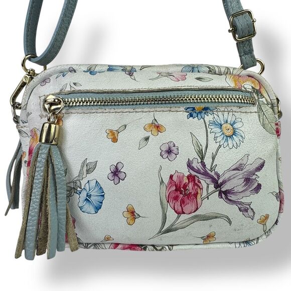 Firenze Italy Italian Handmade Hand Painted Floral Crossbody Bag White Leather - Picture 4 of 12